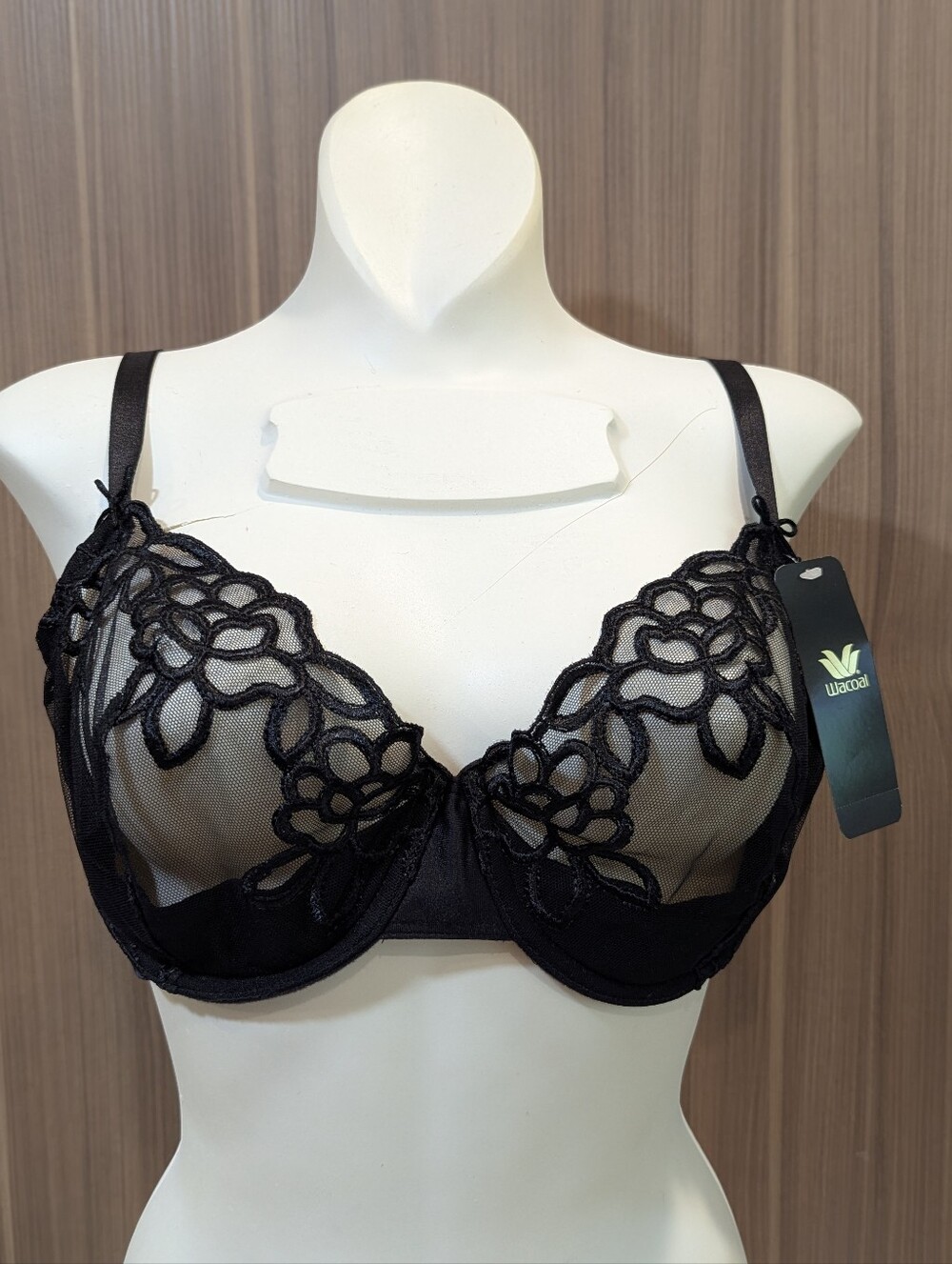 NWT Wacoal Black Embroidered Mesh Underwire Bra 38D #65781